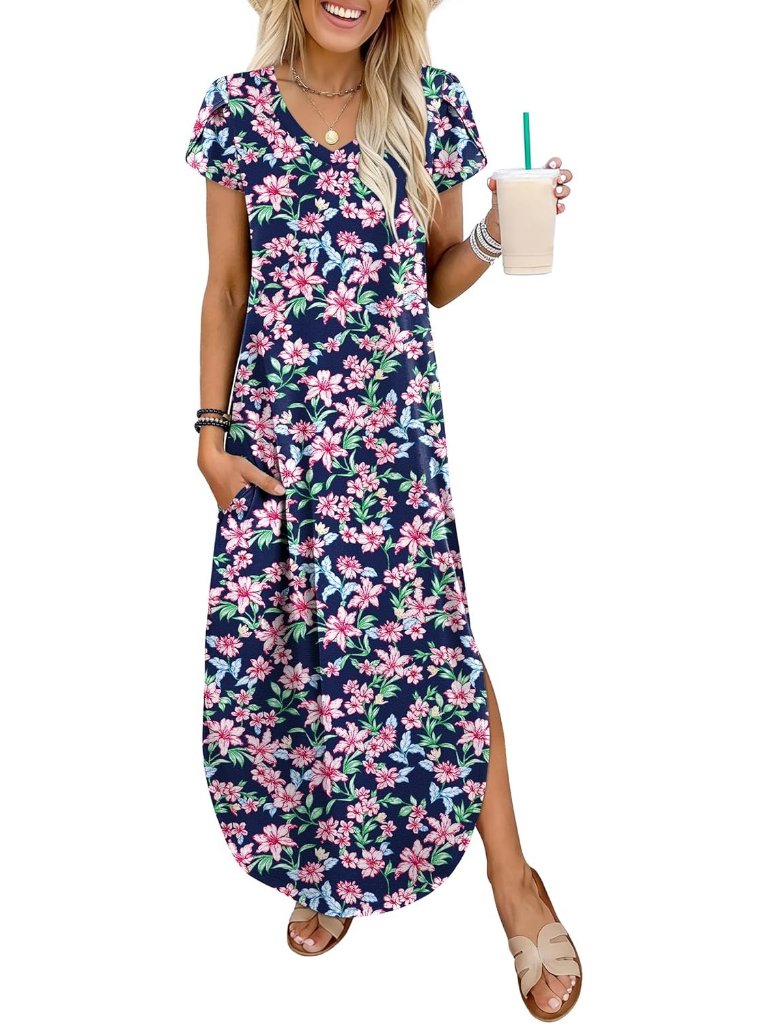 Women's Navy Pink Floral V Neck Maxi Sundress Summer Short Sleeve Split Pocket